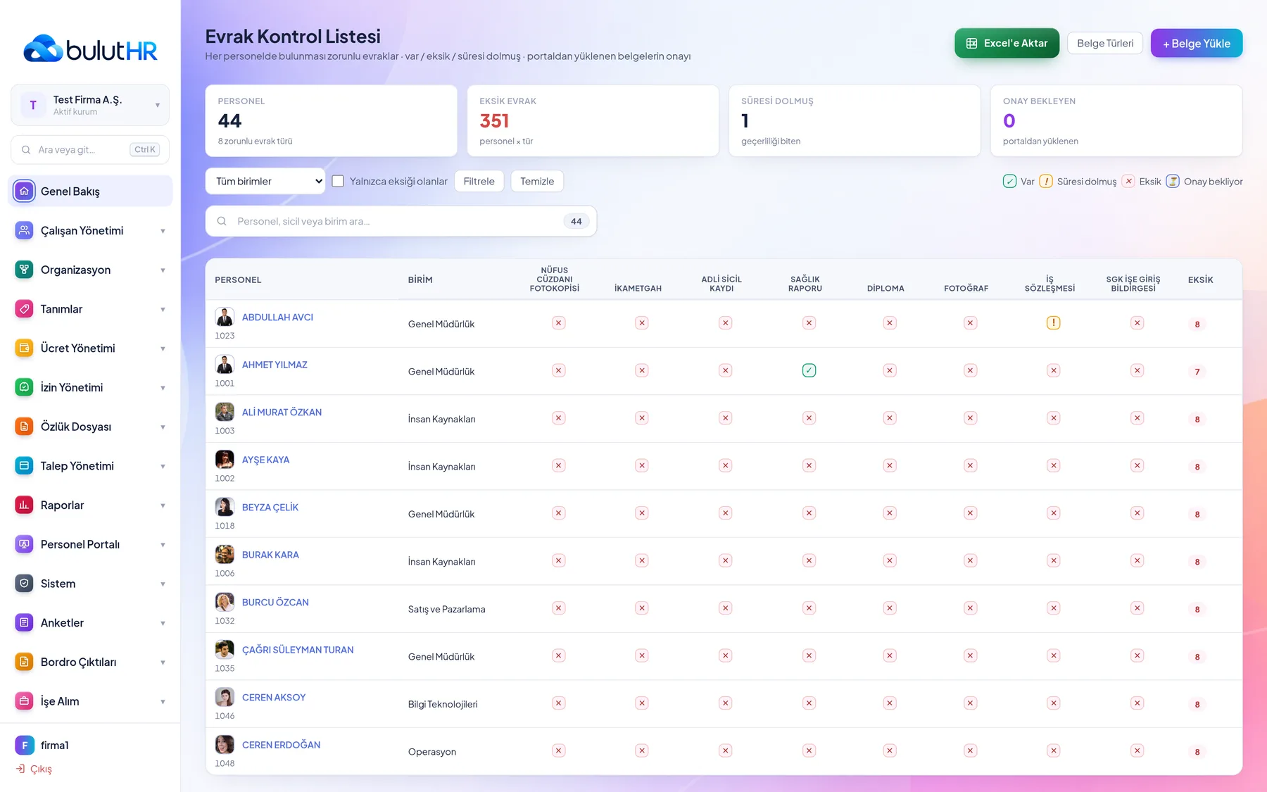 Bulut HR Evrak kontrol listesi ekranı
