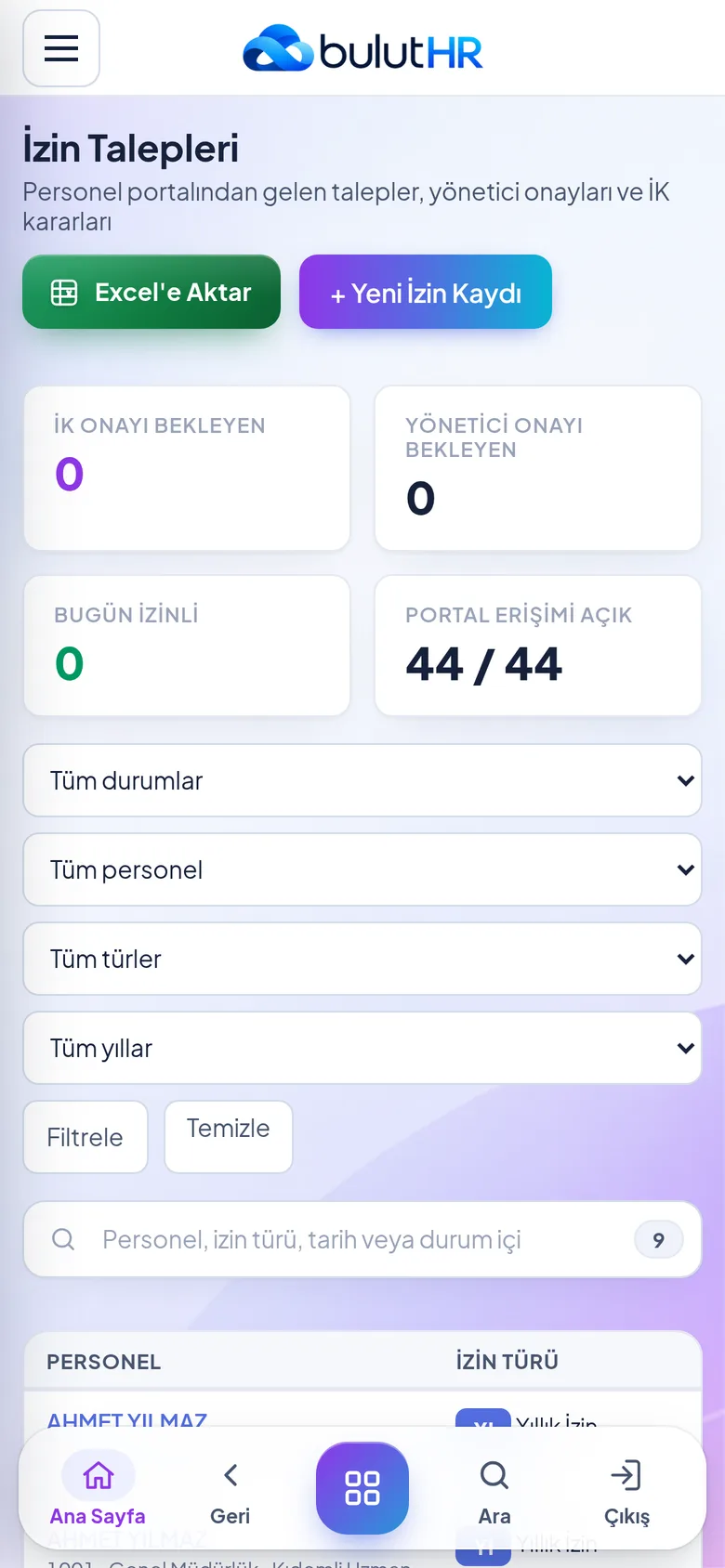 Bulut HR izin talepleri, mobil görünüm