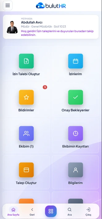 Bulut HR personel portalı, mobil görünüm: kısayollar ve alt menü
